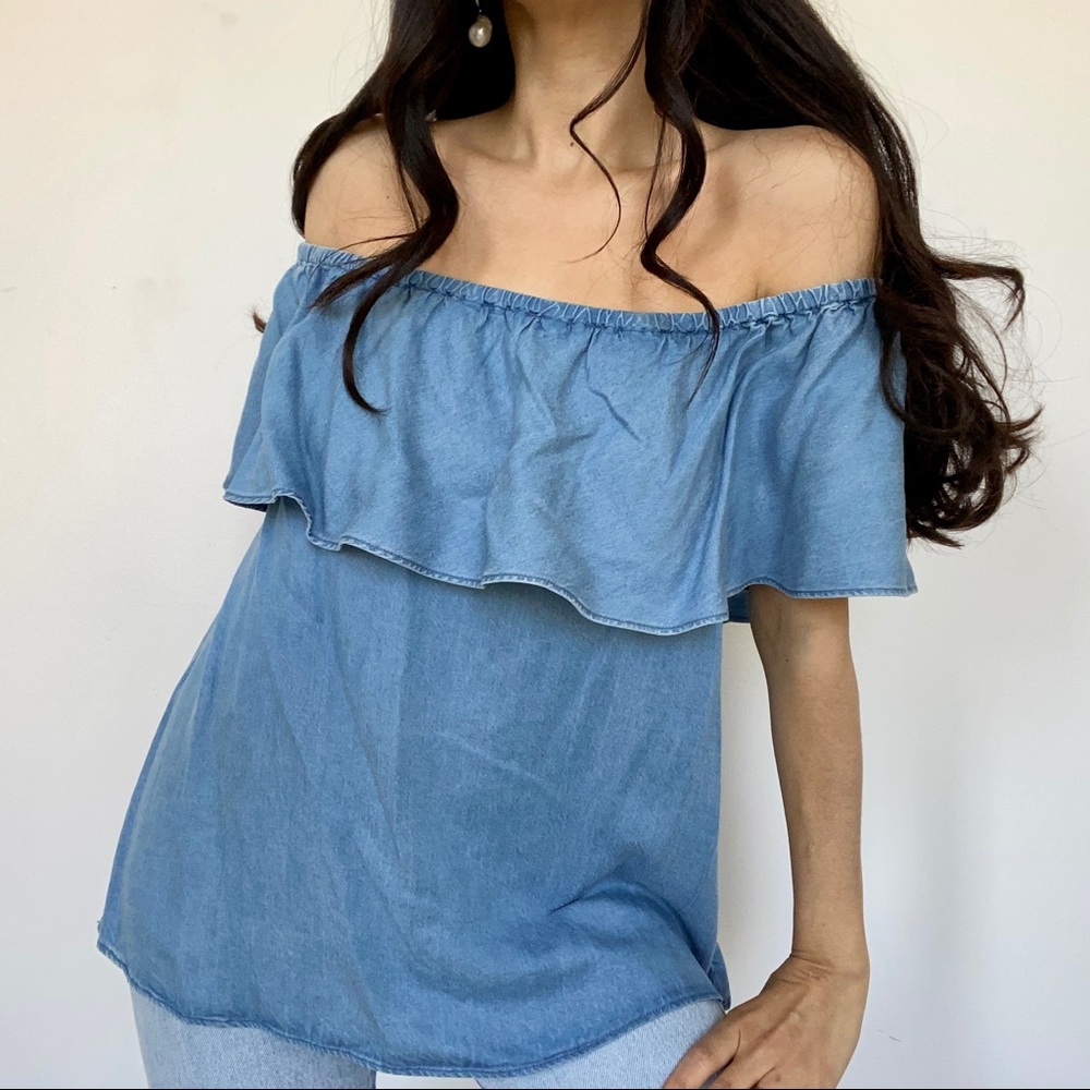 7 For All Mankind denim off shoulder top XS